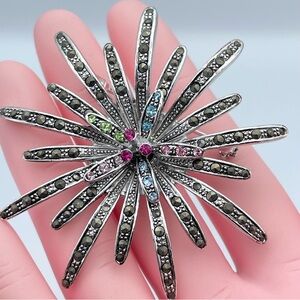 Stunning Starburst Fireworks Brooch with Multi-Colored Rhinestones, Silver Tone